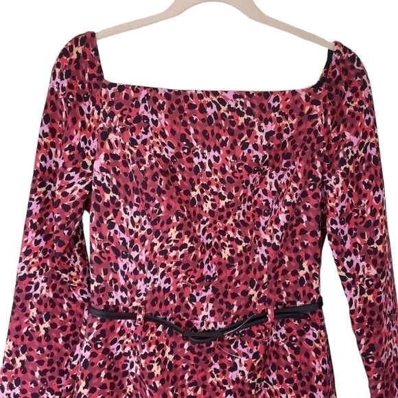 Black Halo Leopard Print Long Sleeve Belted Sheath Dress in Black & Pink - Picture 5 of 11